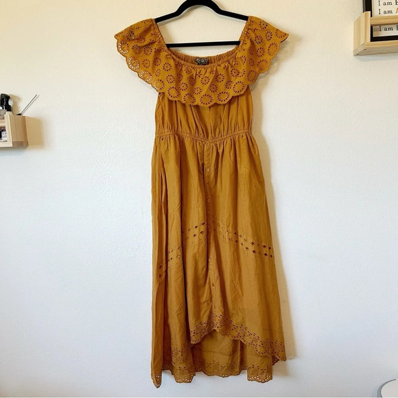 NEW J Gee Mustard Yellow High Low Eyelet Off The Shoulder Dress PM - Picture 1 of 6